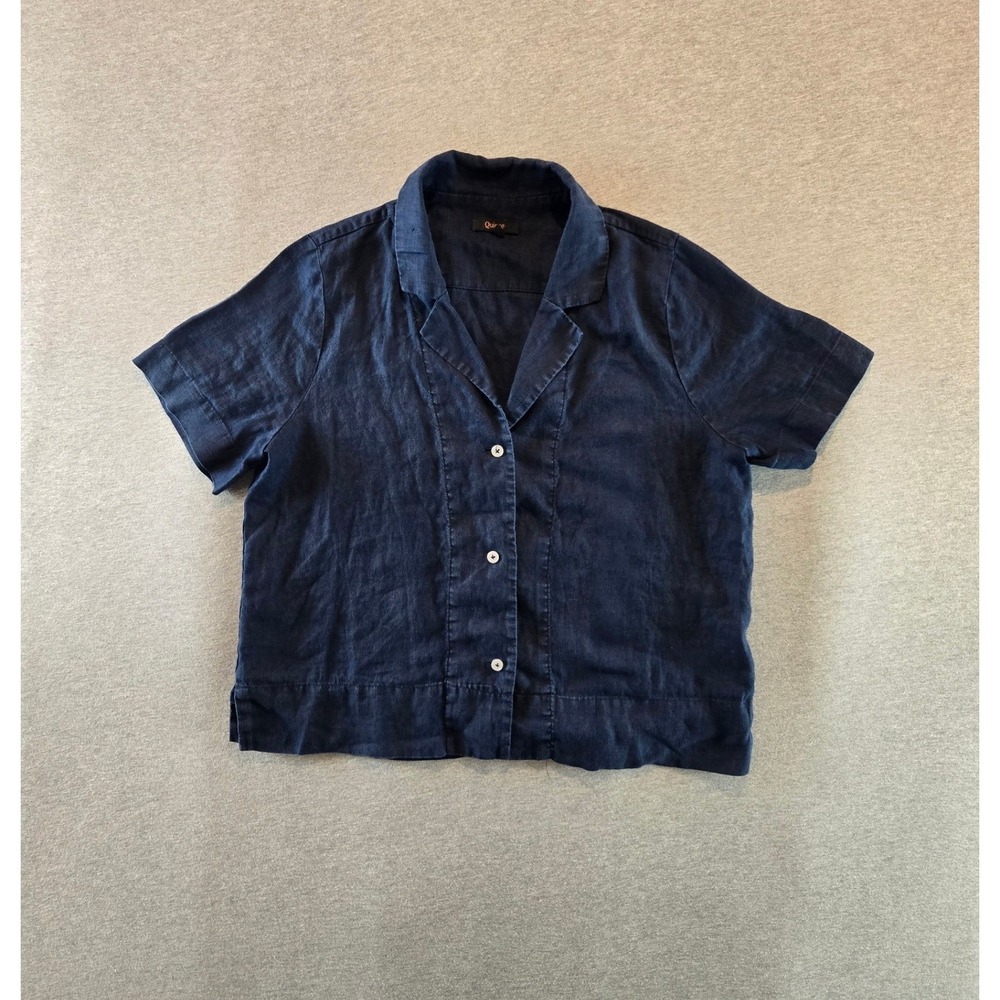 Quince Camp Shirt Women XS Deep Navy 100% European Linen Short Sleeve Boxy